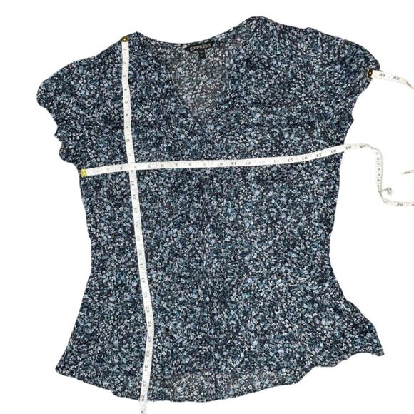 Express Women's Blue Sheer Ruffled Peplum V-Neck Blouse Top Side Zip Large - Picture 4 of 6